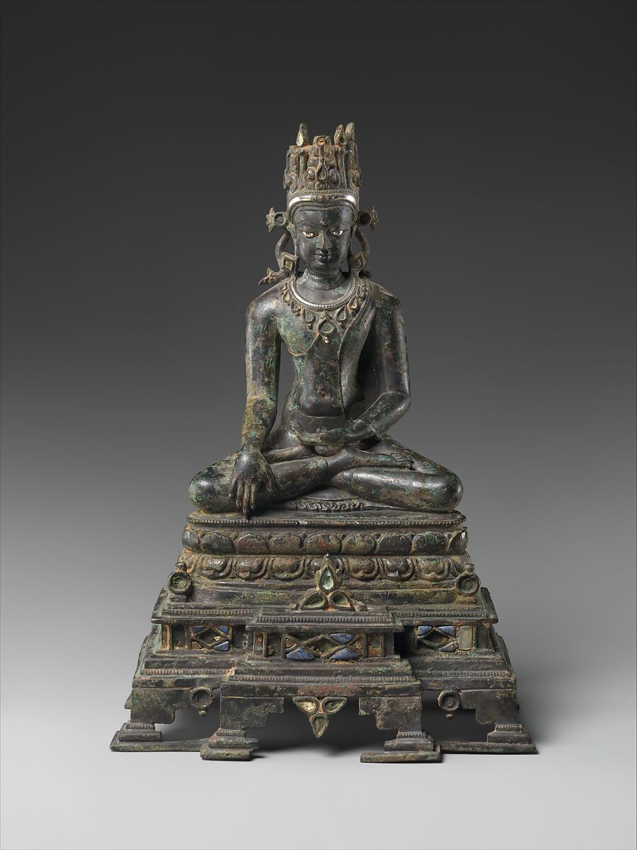 Crowned Buddha, Bronze inlaid with silver, lapis lazuli, and rock crystal, India (Bihar)
