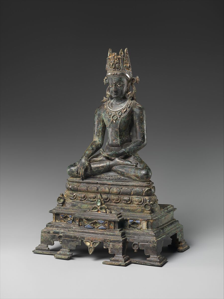 Crowned Buddha, Bronze inlaid with silver, lapis lazuli, and rock crystal, India (Bihar)