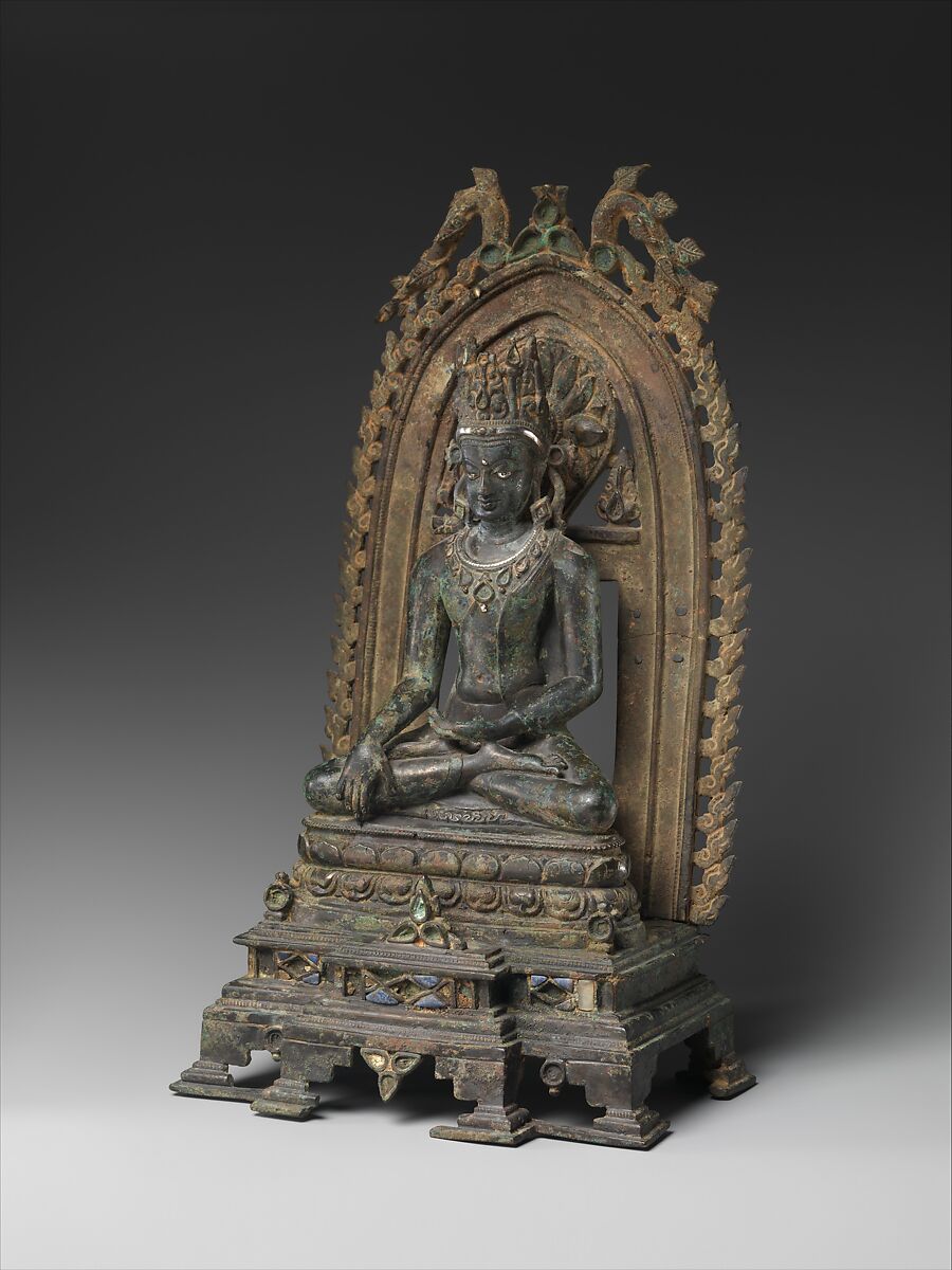 Crowned Buddha, Bronze inlaid with silver, lapis lazuli, and rock crystal, India (Bihar)