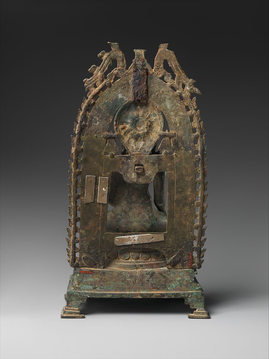 Crowned Buddha, Bronze inlaid with silver, lapis lazuli, and rock crystal, India (Bihar)