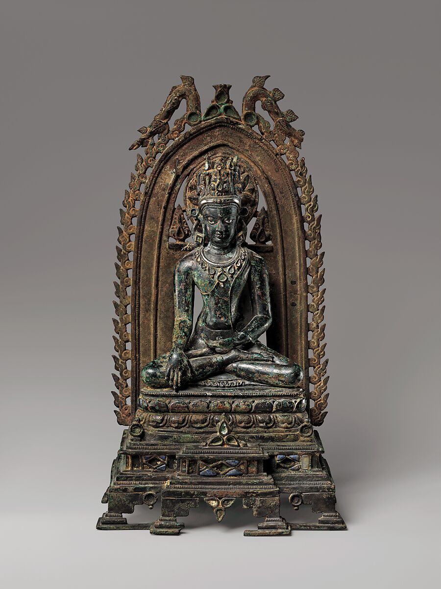 Crowned Buddha, Bronze inlaid with silver, lapis lazuli, and rock crystal, India (Bihar) 