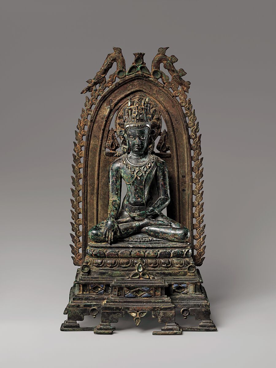 Crowned Buddha, Bronze inlaid with silver, lapis lazuli, and rock crystal, India (Bihar)