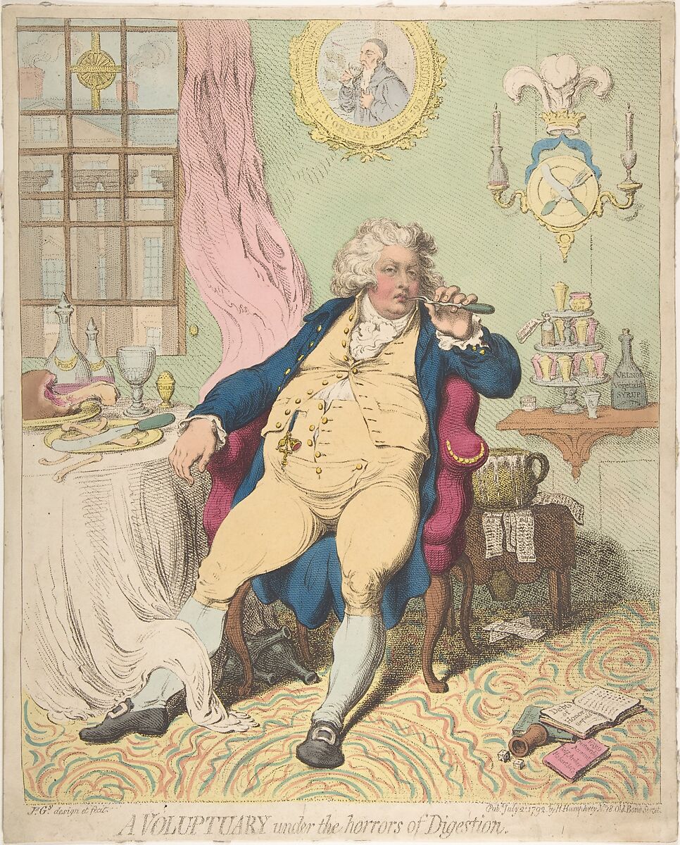 A Voluptuary Under the Horrors of Digestion, James Gillray (British, London 1756–1815 London), Hand-colored etching 