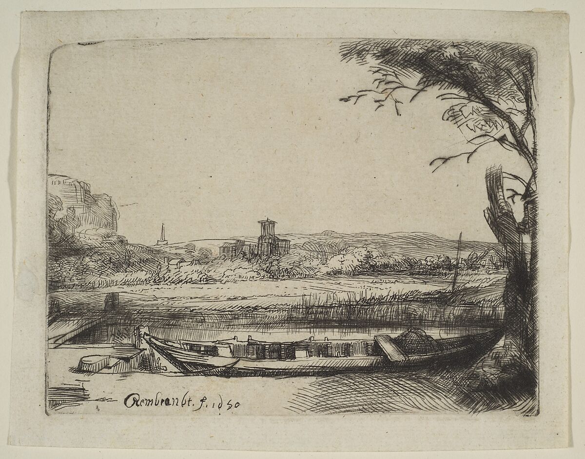 Canal with a Large Boat and a Bridge, Rembrandt (Rembrandt van Rijn) (Dutch, Leiden 1606–1669 Amsterdam), Etching and drypoint; second state of two 