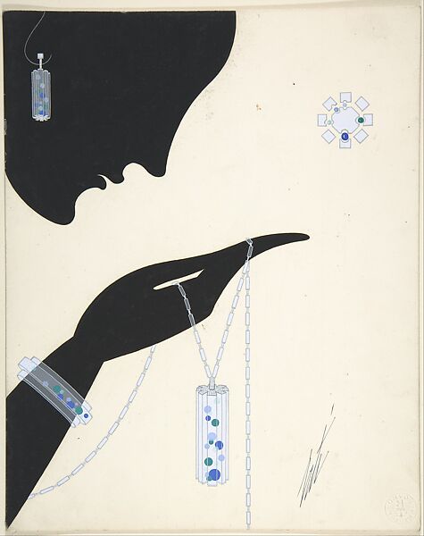 Design for a Crystal Pendant Brooch, Brooch, and Earrings, Erté (Romain de Tirtoff) (French (born Russia), St. Petersburg 1892–1990 Paris), Gouache and metallic paint 
