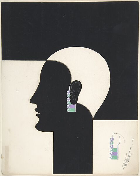 Design for Jade Earrings, Erté (Romain de Tirtoff) (French (born Russia), St. Petersburg 1892–1990 Paris), Gouache and metallic paint 