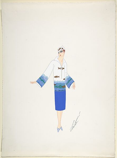 Design for Davidow, New York: Dress of White, Blue and Green with Border of Sea Ripples and Fish at Hips and Sleeves and a Hat, Erté (Romain de Tirtoff) (French (born Russia), St. Petersburg 1892–1990 Paris) 