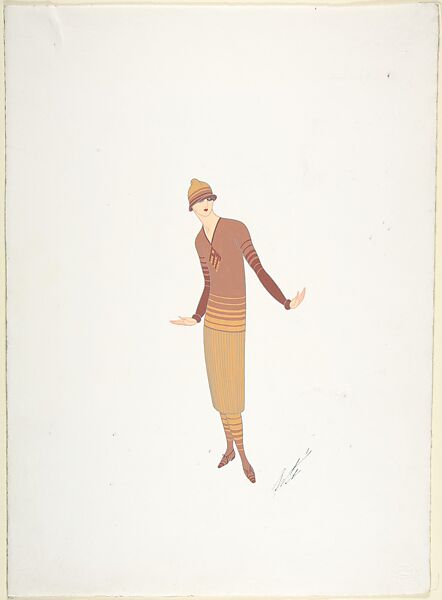 Design for Davidow, New York: Hat with Horizontal Strips of Gold and Rust, Stockings, Shoes and a V-Neck Sweater over Pleated Skirt, Erté (Romain de Tirtoff) (French (born Russia), St. Petersburg 1892–1990 Paris) 