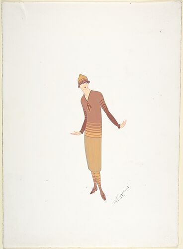 Design for Davidow, New York: Hat with Horizontal Strips of Gold and Rust, Stockings, Shoes and a V-Neck Sweater over Pleated Skirt