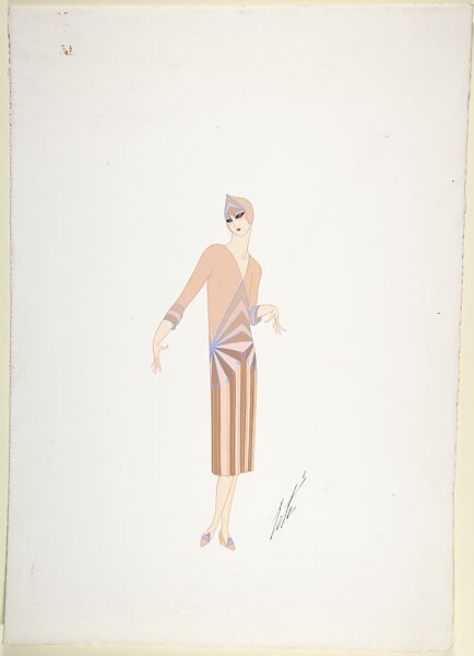 Design for Davidow, New York: Dress, Hat and Shoes in Panels of Beige and Brown Delineated by Lavendar, Erté (Romain de Tirtoff) (French (born Russia), St. Petersburg 1892–1990 Paris) 