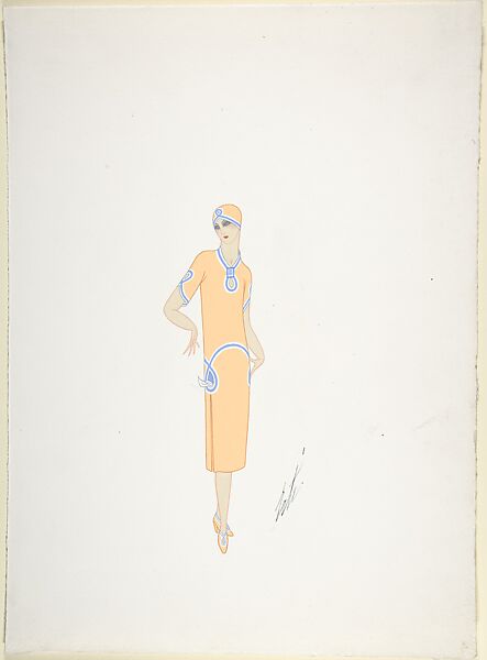 Design for Davidow, New York: Dress, Hat and Shoes in Light Orange with a Blue and White Loop Motif at the Neckline, Sleeves and Across the Hips, Erté (Romain de Tirtoff) (French (born Russia), St. Petersburg 1892–1990 Paris) 
