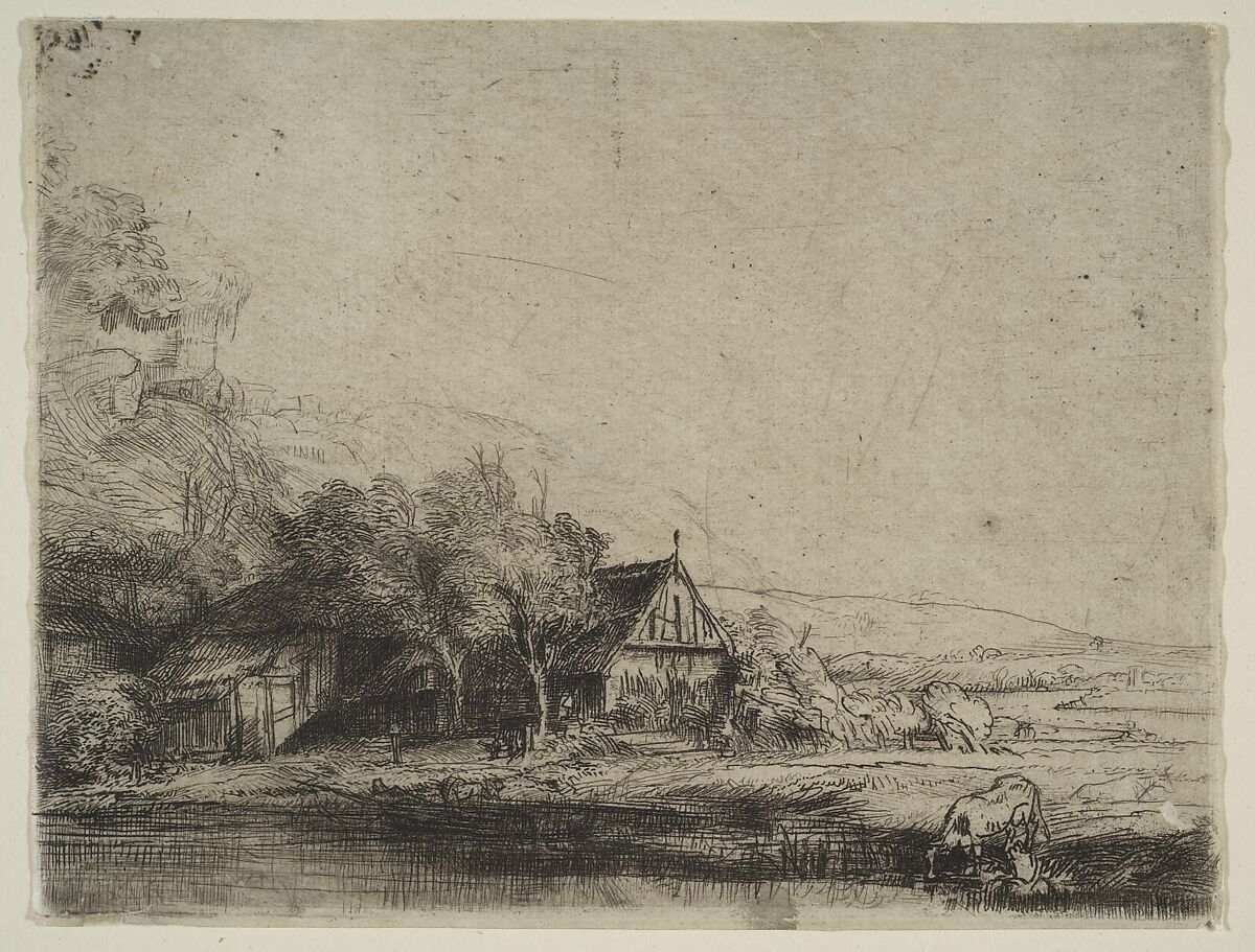 Landscape with a Cow Drinking, After Rembrandt (Rembrandt van Rijn) (Dutch, Leiden 1606–1669 Amsterdam), Etching and drypoint; reworked by Claude-Henri Watelet;  third of five states 