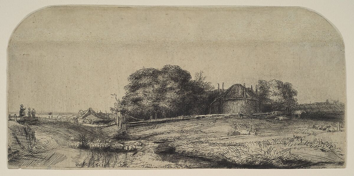 Landscape with a Haybarn and a Flock of Sheep, Rembrandt (Rembrandt van Rijn) (Dutch, Leiden 1606–1669 Amsterdam), Etching and drypoint; second of two states 