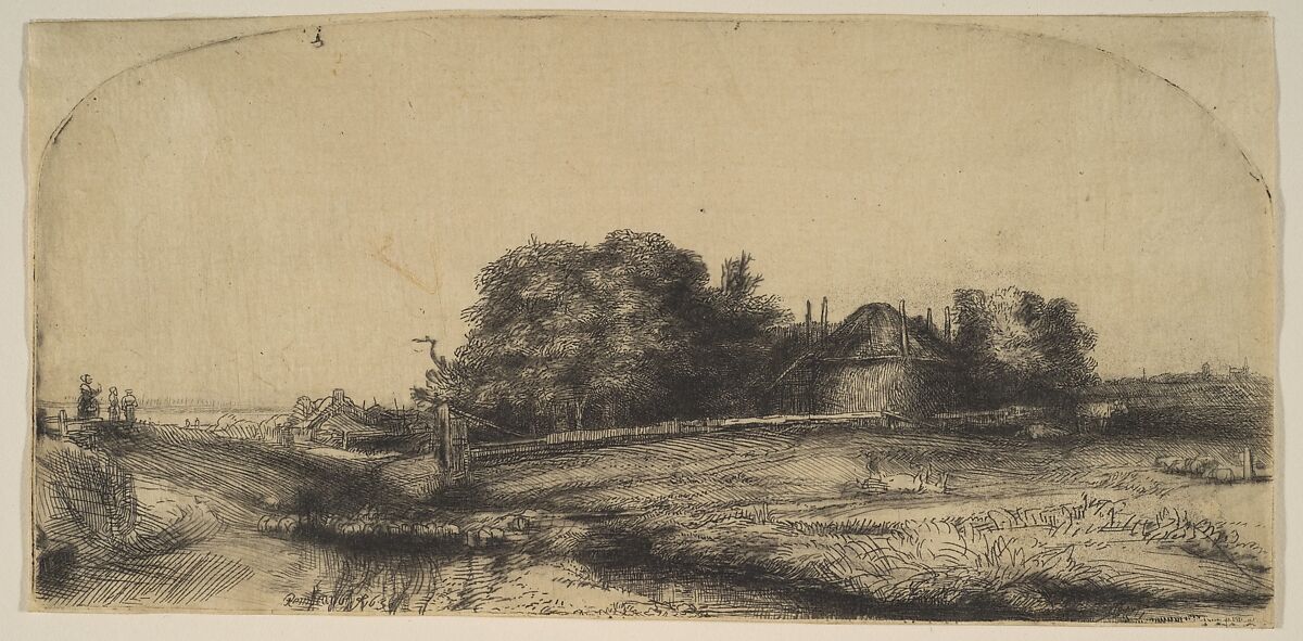 Cottages and a Hay Barn on the Diemerdijk with a Flock of Sheep, Rembrandt (Rembrandt van Rijn) (Dutch, Leiden 1606–1669 Amsterdam), Etching and drypoint; second of two states 