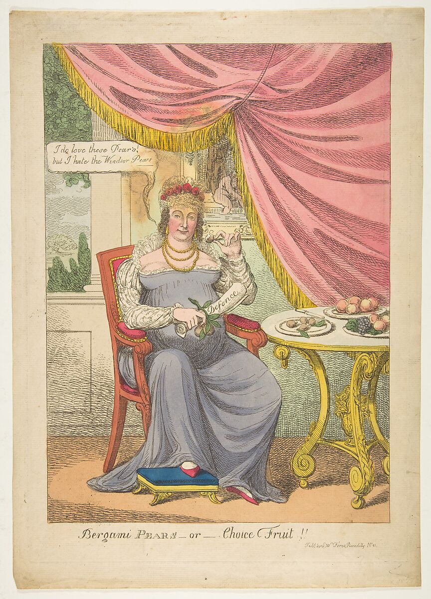 Bergami Pears–or–Choice Fruit !!, Anonymous, British, 19th century, Hand-colored etching 