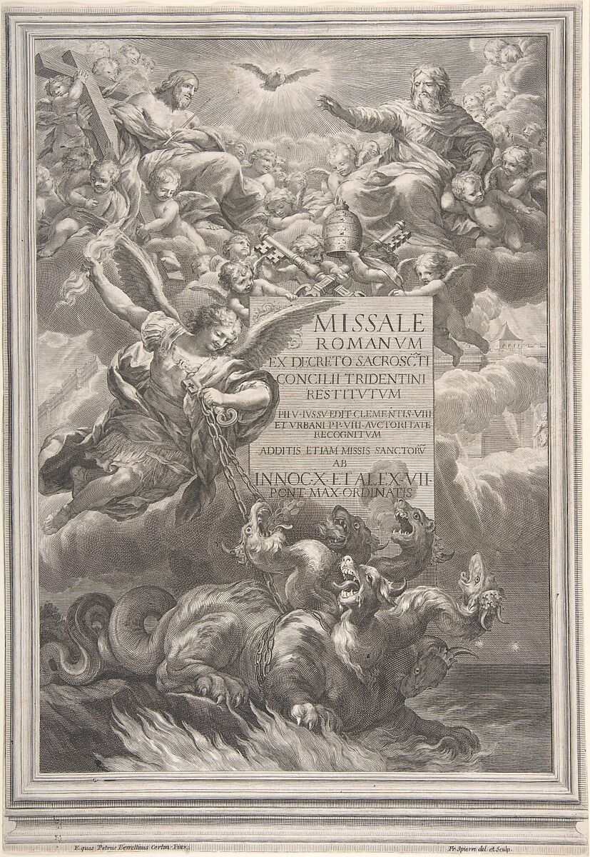 The holy trinity with Saint Michael vanquishing a six-headed dragon, frontispiece to 'Missale Romanum ex decreto sacrosancti Concilii tridentini restitutum', After Pietro da Cortona (Pietro Berrettini) (Italian, Cortona 1596–1669 Rome), Engraving 