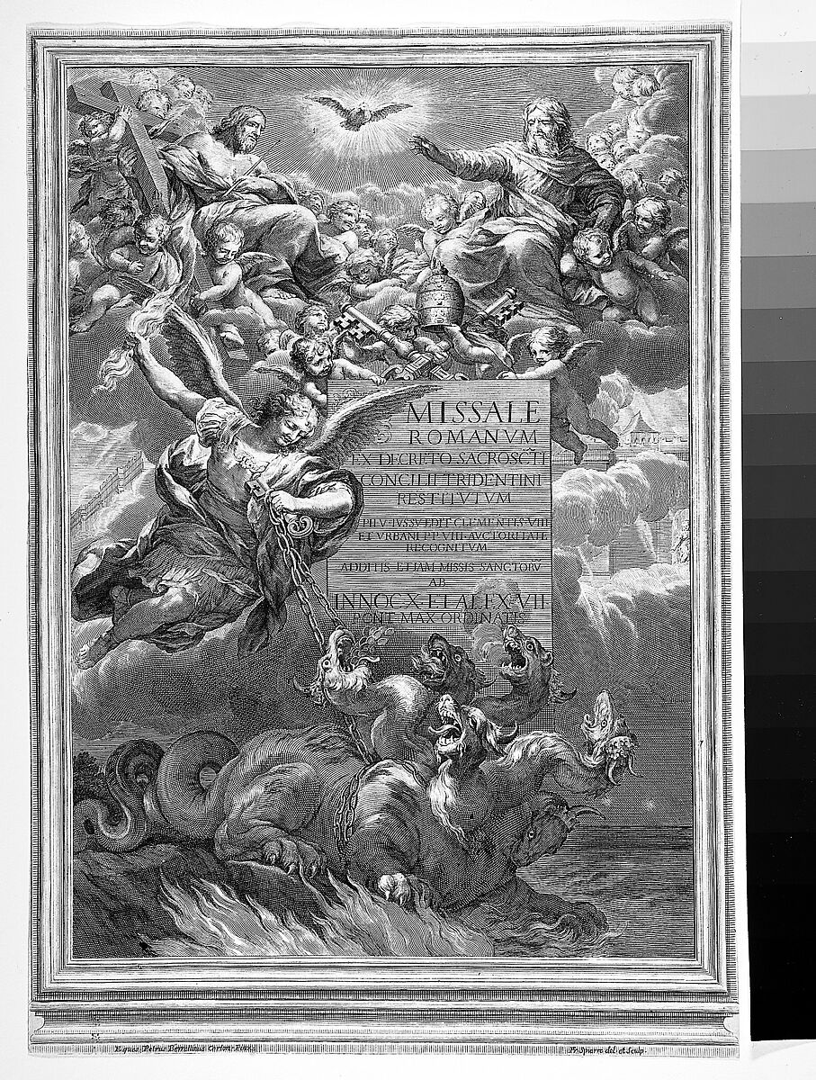 The holy trinity with Saint Michael vanquishing a six-headed dragon, frontispiece to 'Missale Romanum ex decreto sacrosancti Concilii tridentini restitutum', After Pietro da Cortona (Pietro Berrettini) (Italian, Cortona 1596–1669 Rome), Engraving