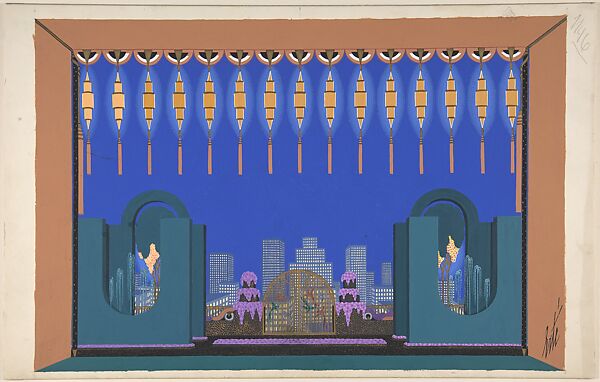Design for Stage Set, City Skyline Seen Beyond Terrace, for "Manhattan Mary," Majestic Theater, New York, Erté (Romain de Tirtoff) (French (born Russia), St. Petersburg 1892–1990 Paris), Gouache and metallic paint 
