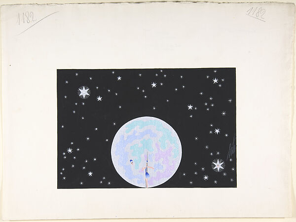 Design for Stage Set, Bead Curtain Moon Surrounded by Stars on Black Ground, for "Manhattan Mary," Majestic Theater, New York, Erté (Romain de Tirtoff) (French (born Russia), St. Petersburg 1892–1990 Paris) 