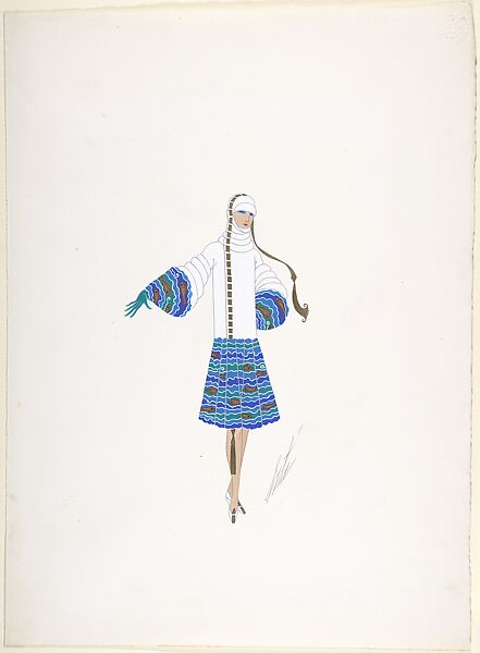 Design for a Hat and Coat in White with Fish Pattern on Skirt and Sleeve Borders for "Manhattan Mary," Majestic Theater, New York, Erté (Romain de Tirtoff) (French (born Russia), St. Petersburg 1892–1990 Paris) 