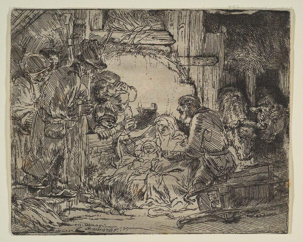 The Adoration of the Shepherds: with the Lamp, Rembrandt (Rembrandt van Rijn) (Dutch, Leiden 1606–1669 Amsterdam), Etching and drypoint, plate tone; first of three states 