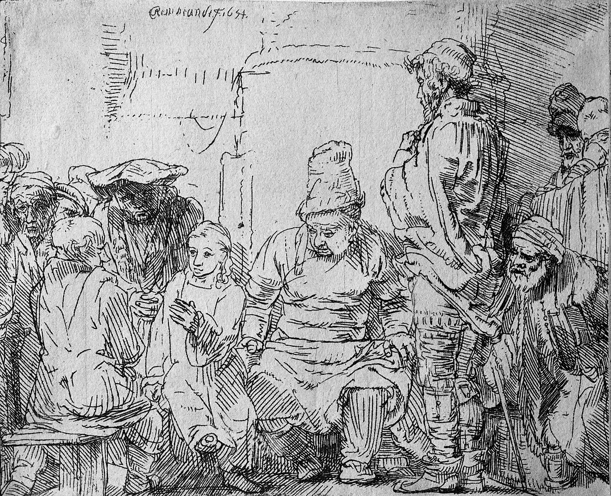 Christ Seated Disputing with the Doctors, Rembrandt (Rembrandt van Rijn) (Dutch, Leiden 1606–1669 Amsterdam), Etching, possibly with touches of dry point