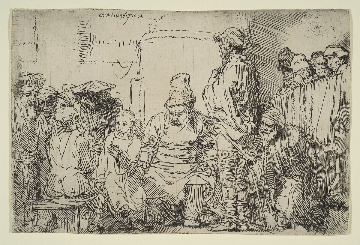 Christ Seated Disputing with the Doctors, Rembrandt (Rembrandt van Rijn) (Dutch, Leiden 1606–1669 Amsterdam), Etching, possibly with touches of dry point 