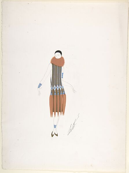 Design for Turquoise and Gold Beaded Dress with Fur Ruff and Fur Tails Hanging from Hipline for "Manhattan Mary," Majestic Theater, New York, Erté (Romain de Tirtoff) (French (born Russia), St. Petersburg 1892–1990 Paris) 