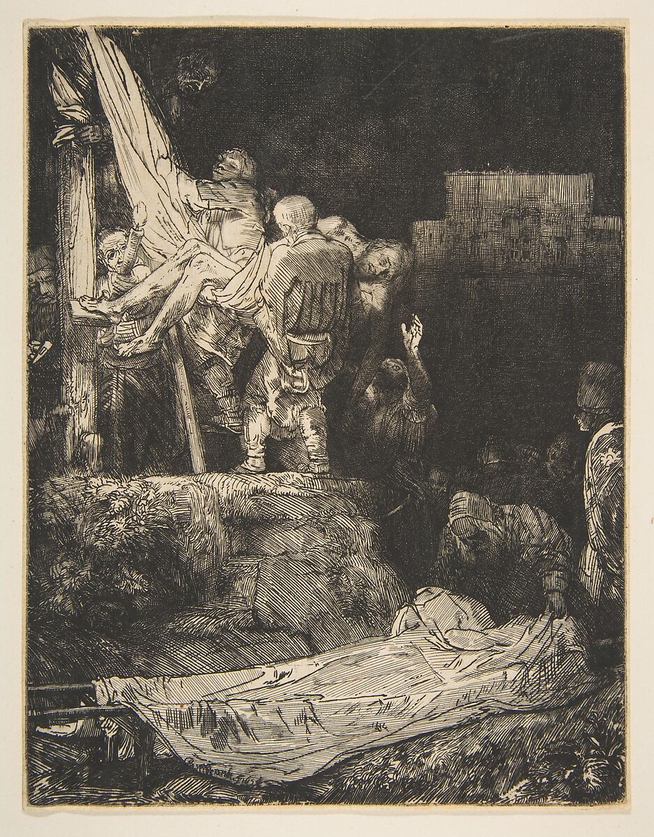 Descent from the Cross by Torchlight, Rembrandt (Rembrandt van Rijn) (Dutch, Leiden 1606–1669 Amsterdam), Etching and drypoint; first of four states 