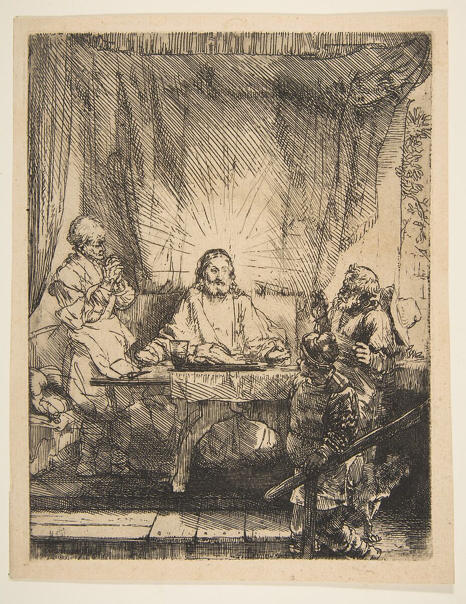 Christ at Emmaus: The Larger Plate, Rembrandt (Rembrandt van Rijn) (Dutch, Leiden 1606–1669 Amsterdam), Etching, burin, and drypoint, some hatching with a mezzotint rocker; fourth of four states 