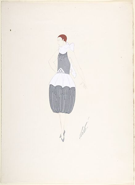 Design for Silver Dress with Harem Skirt Trimmed at Neck and Hips with White Fur for "Manhattan Mary," Majestic Theater, New York, Erté (Romain de Tirtoff) (French (born Russia), St. Petersburg 1892–1990 Paris) 