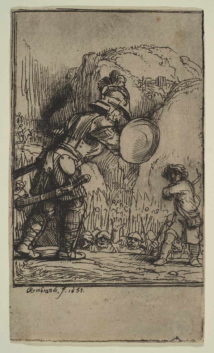 David and Goliath, Rembrandt (Rembrandt van Rijn) (Dutch, Leiden 1606–1669 Amsterdam), Etching, burin, and drypoin, some plate tonet; first of five states 