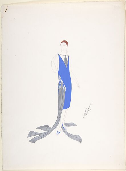 Design for Blue Dress with Beaded Patches at Hip and Trailing Silver Sashes for "Manhattan Mary, " Majestic Theater, New York, Erté (Romain de Tirtoff) (French (born Russia), St. Petersburg 1892–1990 Paris) 