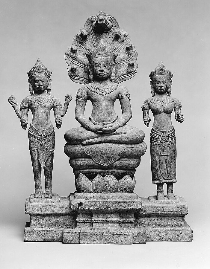 Naga-Protected Buddha Flanked by Avalokiteshvara and Prajnaparamita, Bronze, Thailand or Cambodia 