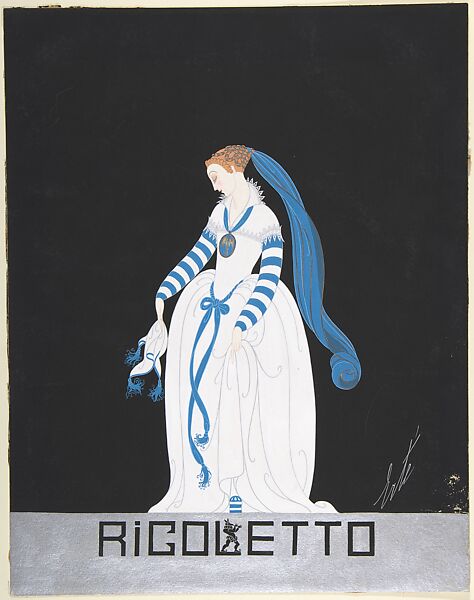 Design for White Dress with Blue Sash and Blue and White Striped Sleeves for Ganna Walska in "Rigoletto" by the Chicago Opera Company, Erté (Romain de Tirtoff) (French (born Russia), St. Petersburg 1892–1990 Paris) 