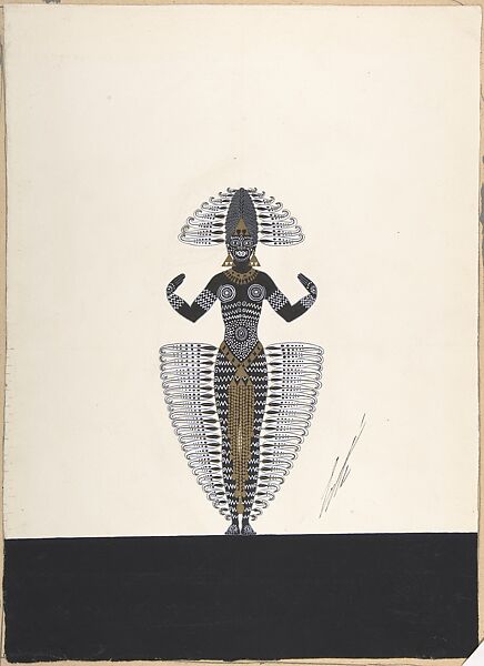 Costume Design Outlined in Feathers for "Ballet Africain," George White's Scandals, New York, Erté (Romain de Tirtoff) (French (born Russia), St. Petersburg 1892–1990 Paris), Gouache and metallic paint 