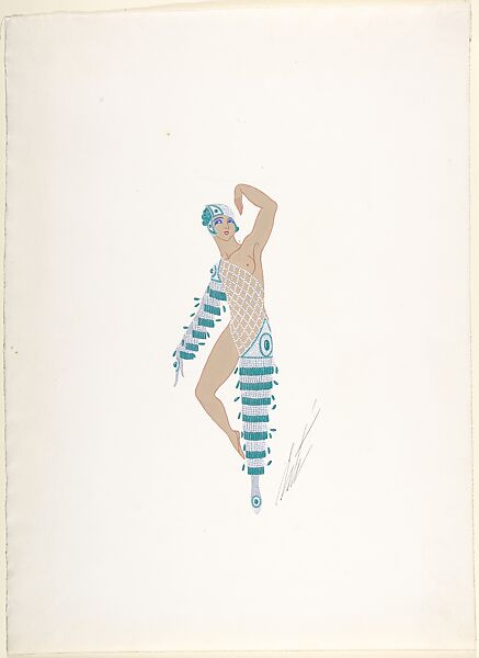 Costume Design with Green and White Beads and Lattice Work Torso for "Prince Amoureux," George White's Schandals, New York, Erté (Romain de Tirtoff) (French (born Russia), St. Petersburg 1892–1990 Paris), Gouache and metallic paint 