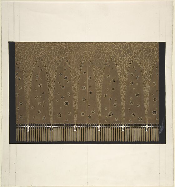 Design for Gold Curtain (Troisième Voile) for "Les Mariages," George White's Scandals, Erté (Romain de Tirtoff) (French (born Russia), St. Petersburg 1892–1990 Paris), Gouache and metallic paint 