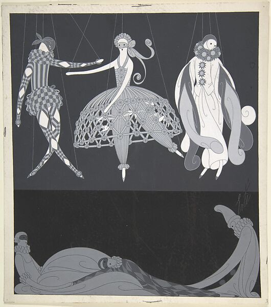 "Costumes pour les Bals Masqués: Arlequin, Colombine, Pierrot," Illustration for "Harper's Bazar", Erté (Romain de Tirtoff) (French (born Russia), St. Petersburg 1892–1990 Paris), Ink and gouache 