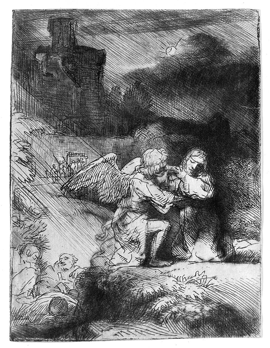 The Agony in the Garden, Rembrandt (Rembrandt van Rijn) (Dutch, Leiden 1606–1669 Amsterdam), Etching and drypoint, some plate tone; first of three states