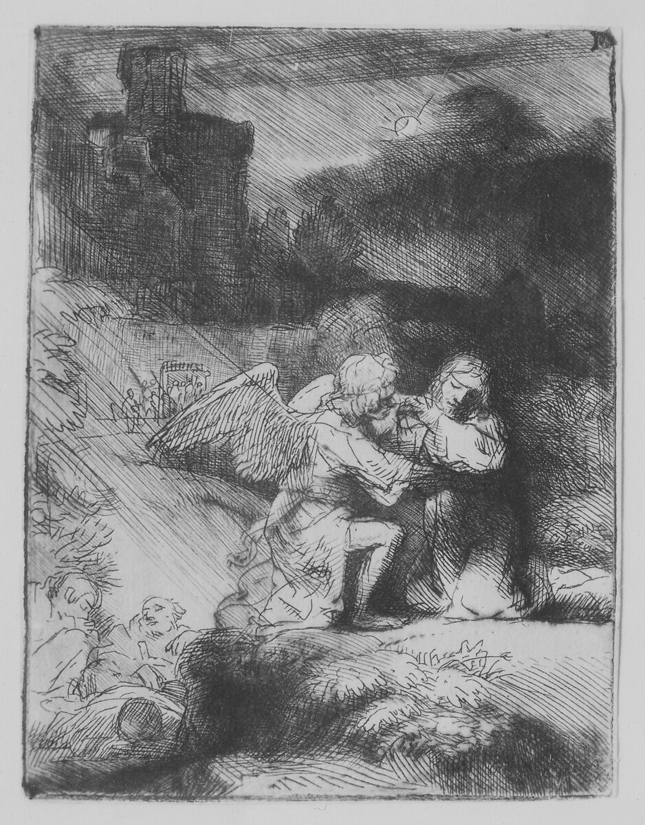 The Agony in the Garden, Rembrandt (Rembrandt van Rijn) (Dutch, Leiden 1606–1669 Amsterdam), Etching and drypoint, some plate tone; first of three states
