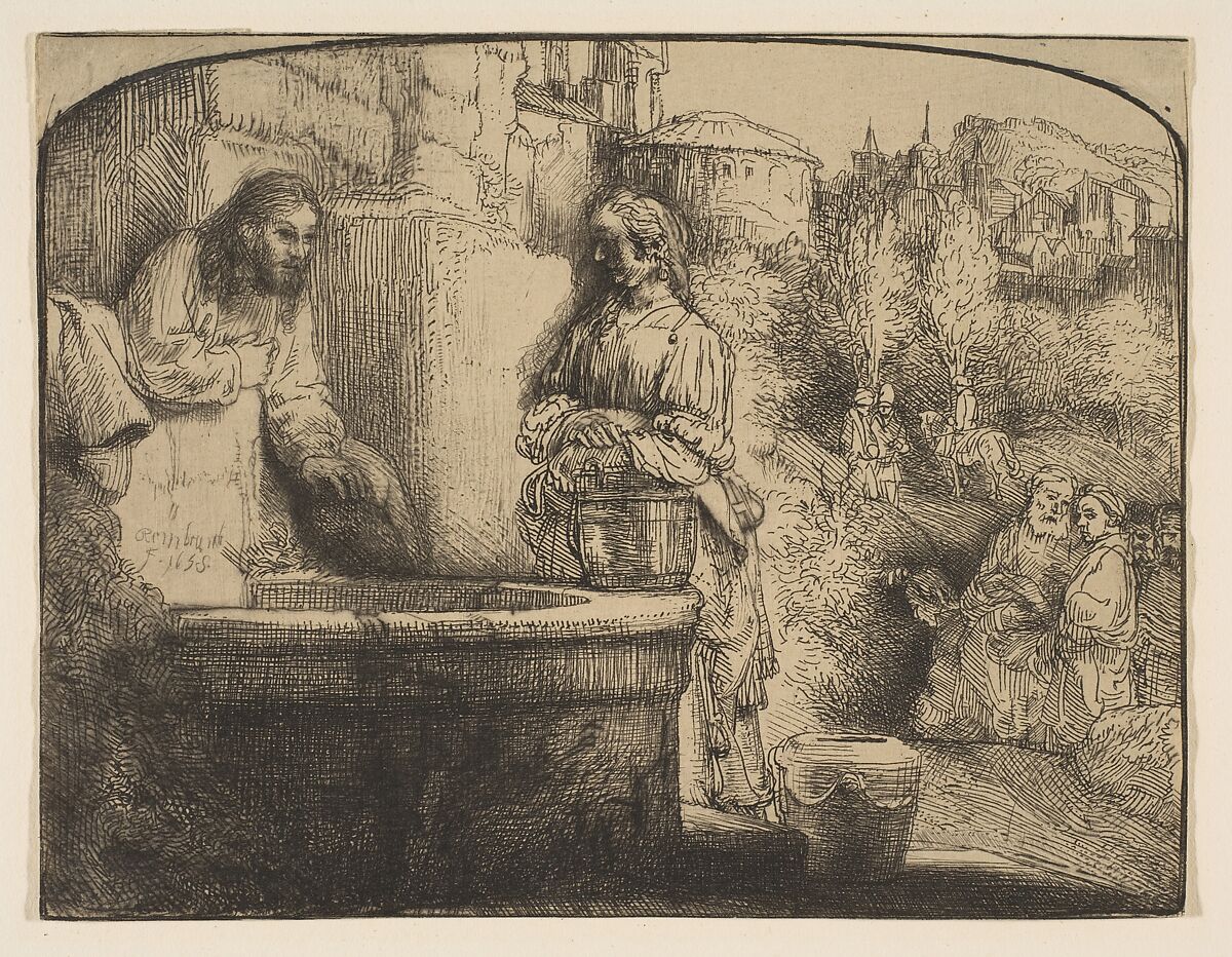 Christ and the Woman of Samaria: an Arched Print, Rembrandt (Rembrandt van Rijn) (Dutch, Leiden 1606–1669 Amsterdam), Etching and drypoint, some plate tone; third of five states 