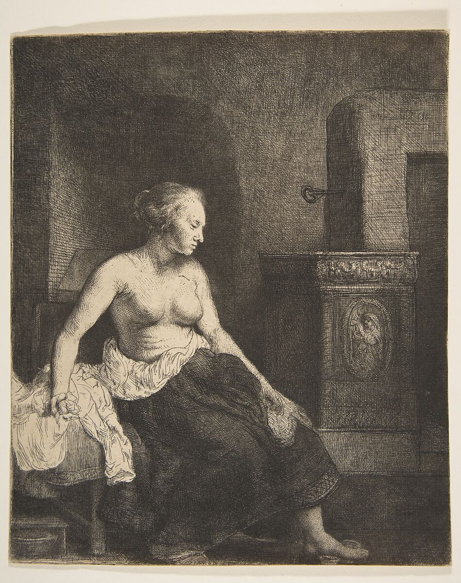 Woman Sitting Half-Dressed beside a Stove, Rembrandt (Rembrandt van Rijn) (Dutch, Leiden 1606–1669 Amsterdam), Etching, burring, and drypoint; sixth of seven states 