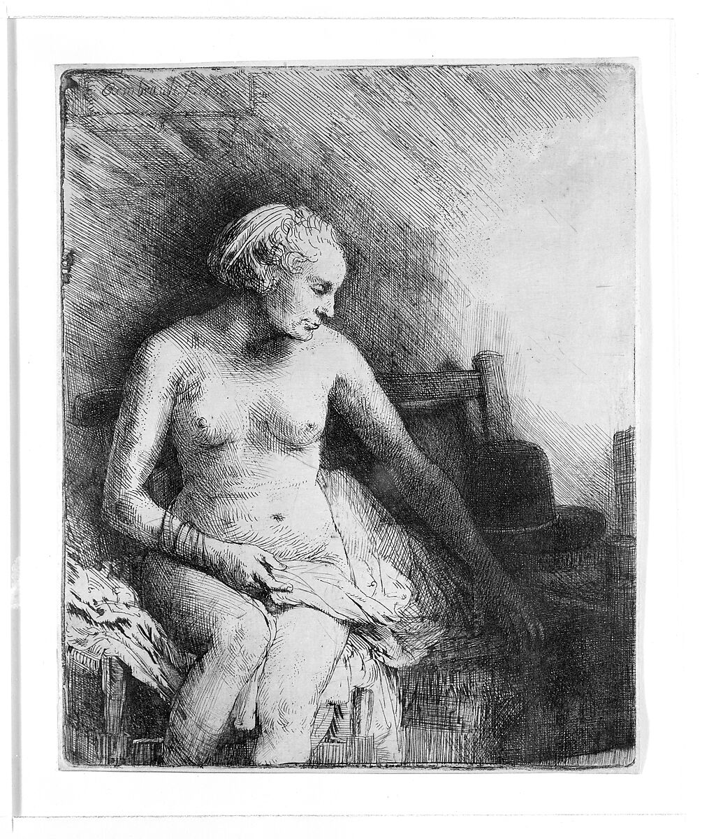 Woman at the Bath with a Hat beside Her, Rembrandt (Rembrandt van Rijn) (Dutch, Leiden 1606–1669 Amsterdam), Etching and drypoint, plate tone; second of two states