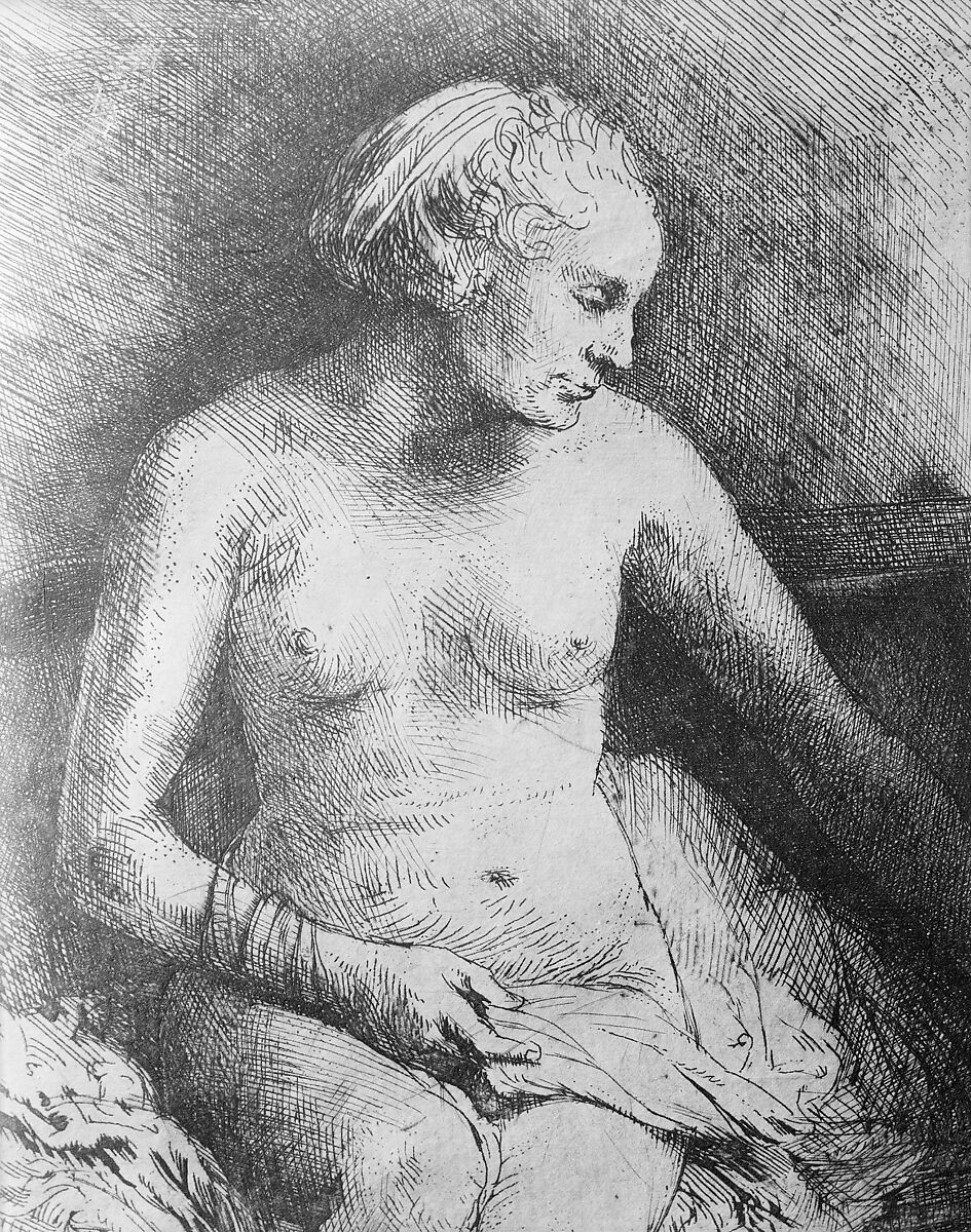 Woman at the Bath with a Hat beside Her, Rembrandt (Rembrandt van Rijn) (Dutch, Leiden 1606–1669 Amsterdam), Etching and drypoint, plate tone; second of two states