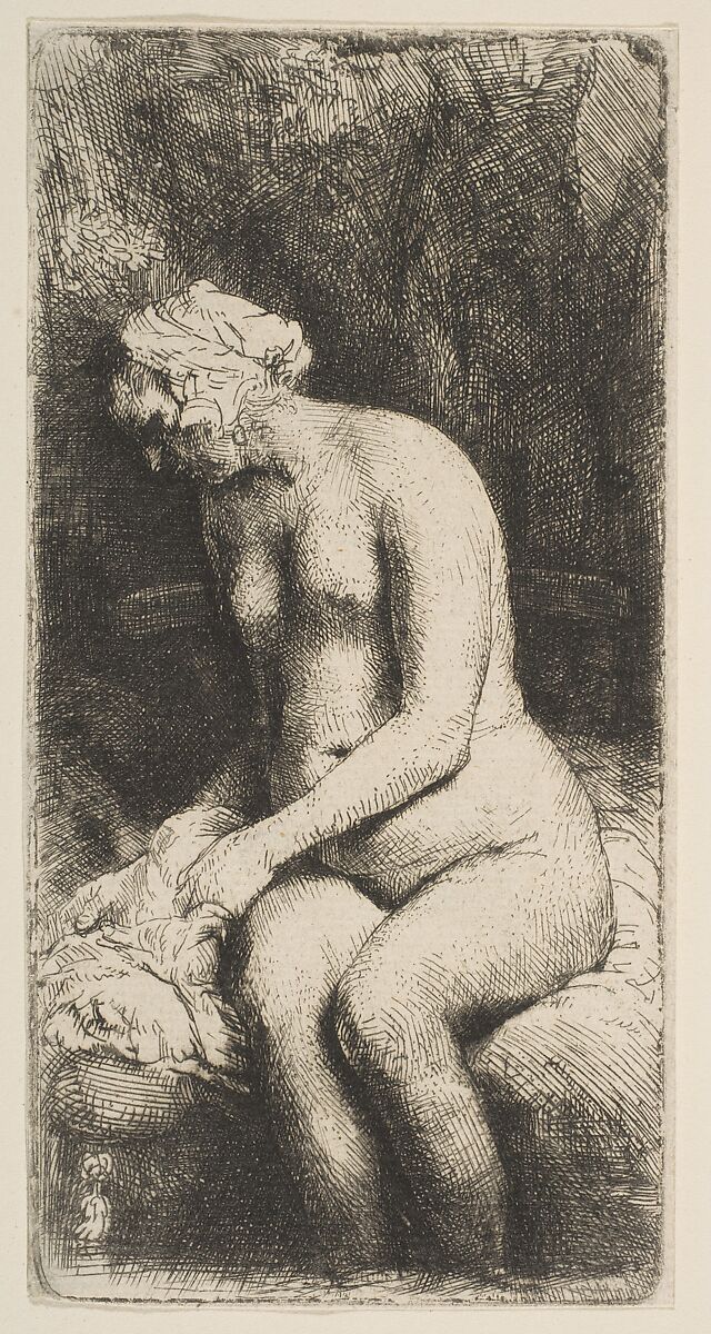 Woman Bathing Her Feet at a Brook, Rembrandt (Rembrandt van Rijn) (Dutch, Leiden 1606–1669 Amsterdam), Etching and drypoint, first of two states 