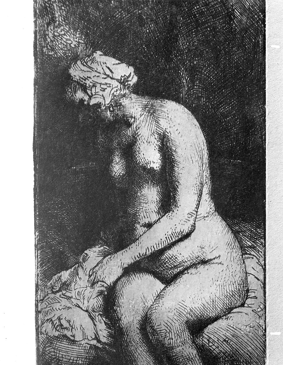 Woman Bathing Her Feet at a Brook, Rembrandt (Rembrandt van Rijn) (Dutch, Leiden 1606–1669 Amsterdam), Etching and drypoint, heavy plate tone; first of two states