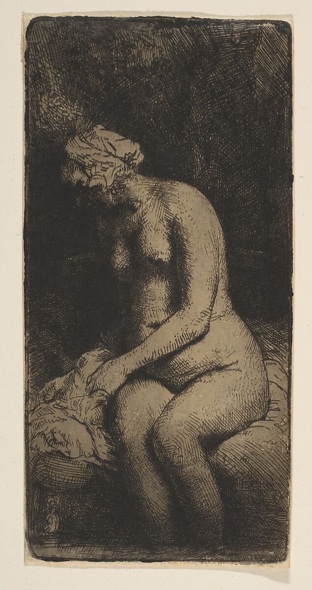 Woman Bathing Her Feet at a Brook, Rembrandt (Rembrandt van Rijn) (Dutch, Leiden 1606–1669 Amsterdam), Etching and drypoint, heavy plate tone; first of two states 