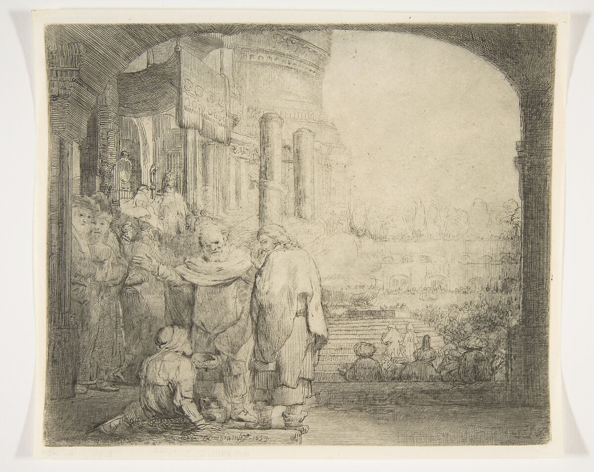 Peter and John Healing the Cripple at the Gate of the Temple, Rembrandt (Rembrandt van Rijn) (Dutch, Leiden 1606–1669 Amsterdam), Etching, drypoint, burin, and mezzotint; fifth of six states