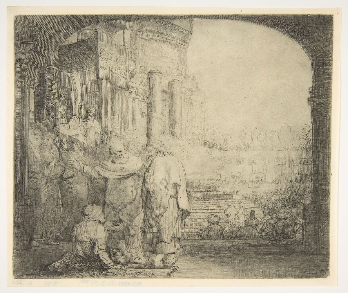 Peter and John Healing the Cripple at the Gate of the Temple, Rembrandt (Rembrandt van Rijn) (Dutch, Leiden 1606–1669 Amsterdam), Etching, drypoint, burin, and mezzotint; fifth of six states 
